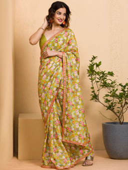 Koskii - Parrot Green Printed Tissue Saree with Unstitched Blouse