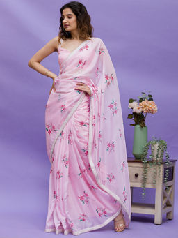 Koskii - Pink Printed Tissue Saree with Unstitched Blouse