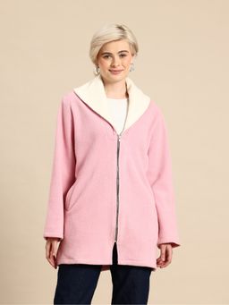 Qurvii - Pink Shawl Lapel Textured Long Jacket