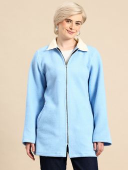 Qurvii - Blue Collar Neck Textured Long Jacket