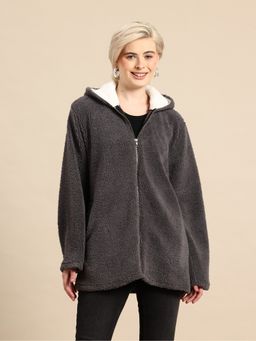 Qurvii - Grey Hooded Textured Long Jacket