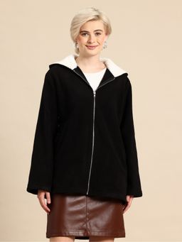 Qurvii - Black Hooded Textured Long Jacket