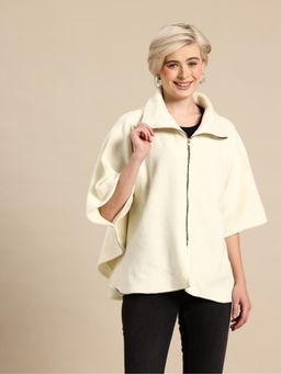 Qurvii - Cream Collar Neck Textured Zipper Jacket