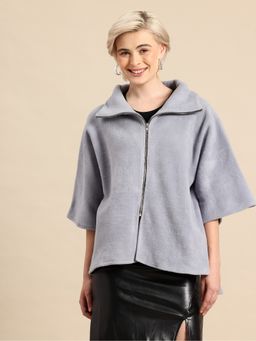 Qurvii - Grey Collar Neck Textured Zipper Jacket
