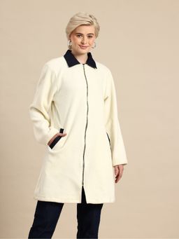 Qurvii - Cream Collar Neck Textured Long Jacket