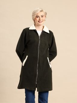 Qurvii - Black Collar Neck Textured Long Jacket