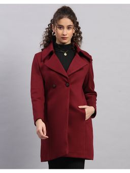 Monte Carlo - Women Burgundy Notched Lapel Solid Button Regular Coat
