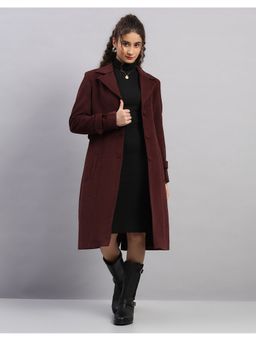 Monte Carlo - Women Maroon Notched Lapel Solid Button Regular Coat