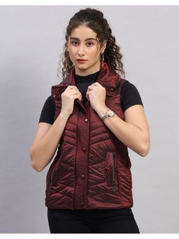 Monte Carlo - Women Maroon Collar Neck Self Design Zipper Regular Puffer Jacket