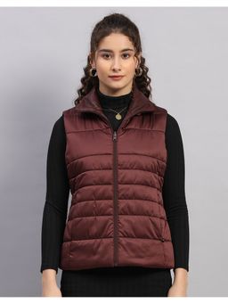 Monte Carlo - Women Burgundy Collar Neck Solid Zipper Regular Puffer Jacket