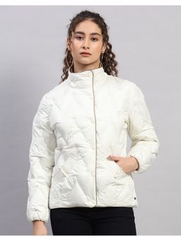 Monte Carlo - Women Off White High Neck Solid Snap Button Regular Puffer Jacket
