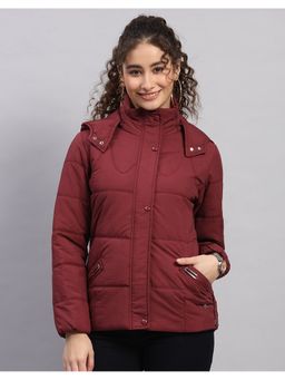 Monte Carlo - Women Maroon Hooded Solid Snap Button Regular Puffer Jacket