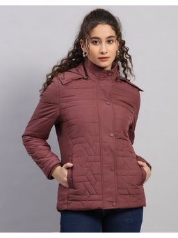 Monte Carlo - Women Burgundy Hooded Printed Snap Button Regular Puffer Jacket