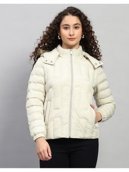 Monte Carlo - Women Off White Hooded Solid Zipper Regular Puffer Jacket