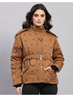 Monte Carlo - Women Regular Hooded Brown Printed Puffer Jacket