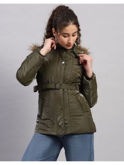 Monte Carlo - Women Olive Hooded Solid Snap Button Regular Puffer Jacket