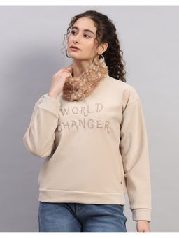 Monte Carlo - Women Regular Fit Embroidered Winter Beige Sweatshirt