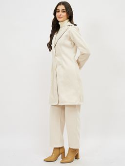 AAREIN - Beige Stripes Notched Lapel Fur Long Coat