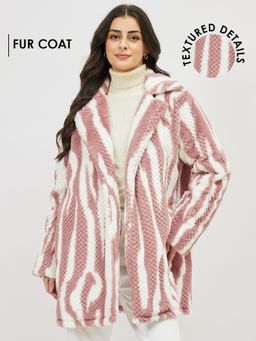 AAREIN - Mauve Stripes Notched Lapel Fur Long Coat