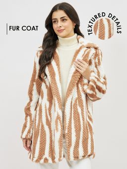 AAREIN - Women Brown Textured Notched Lapel Fur Long Coat