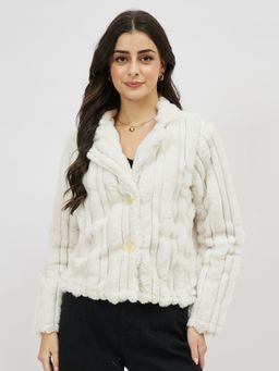 AAREIN - White Notched Lapel Stripes Fur Single Breasted Coat