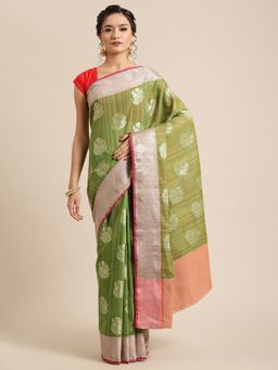 Banarasi Silk Works - Matka Woven Saree Green with Unstitched Blouse