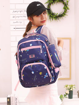 Tinytot - Navy Blue Printed School Backpack with Pouch (3-12 Years)