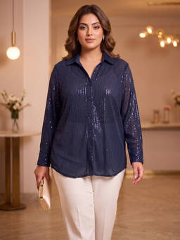 Qurvii - Navy Blue Embellished Net Shirt