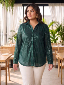 Qurvii - Green Embellished Sequin Shirt
