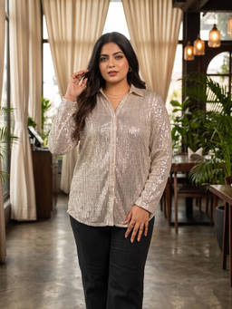 Qurvii - Beige Embellished Sequin Shirt