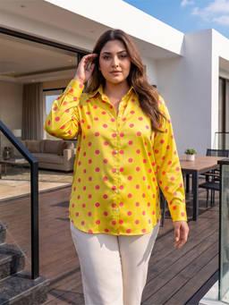 Qurvii - Yellow Polka Dots Satin Shirt