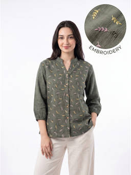 ZNKL - Olive Embroidered Polyester Shirt