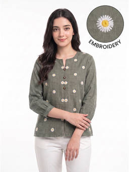 ZNKL - Olive Embroidered Polyester Top