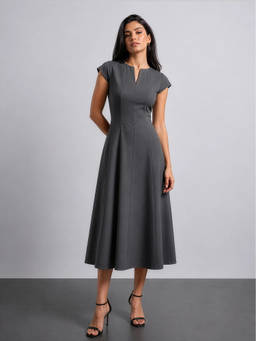 Cove and Lane - Grey Solid Polyester Blend Flared Dress