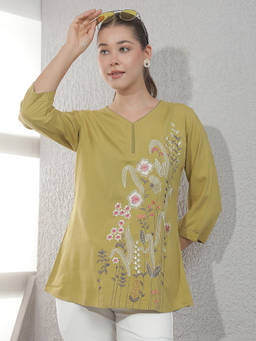 CRIMSOUNE CLUB - Green Embroidered Viscose Slim Top