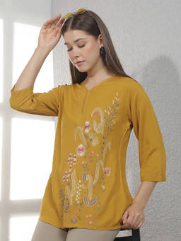 CRIMSOUNE CLUB - Mustard Embroidered Viscose Slim Top