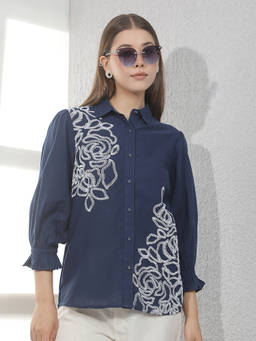 CRIMSOUNE CLUB - Navy Blue Embroidered Polyester Shirt