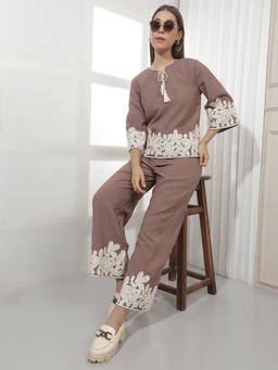 CRIMSOUNE CLUB - Brown Embroidered Cotton Wide Trouser