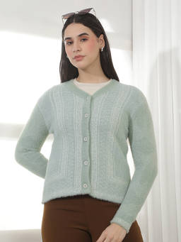 CRIMSOUNE CLUB - Green Self Design Blended Cardigan