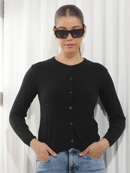 CRIMSOUNE CLUB - Black Solid Viscose Blend Cardigan