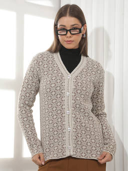 CRIMSOUNE CLUB - Beige Self Design Blended Cardigan