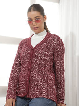CRIMSOUNE CLUB - Maroon Self Design Blended Cardigan