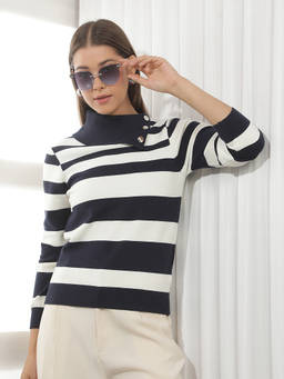 CRIMSOUNE CLUB - Navy Blue Stripes Viscose Blend Sweater