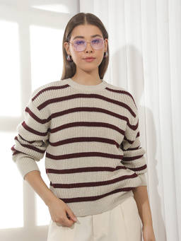 CRIMSOUNE CLUB - Beige Stripes Acrylic Sweater