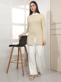CRIMSOUNE CLUB - Cream Self Design Blended Cardigan