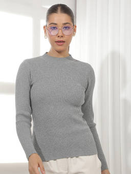 CRIMSOUNE CLUB - Grey Self Design Viscose Blend Sweater