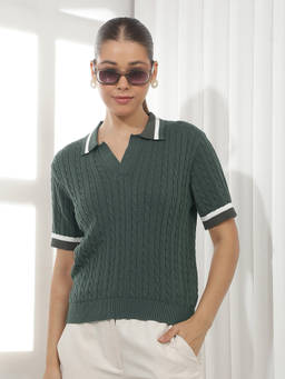 CRIMSOUNE CLUB - Olive Self Design Cotton Slim Polo T-Shirt