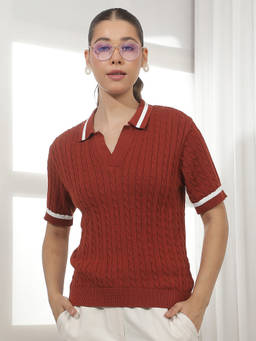 CRIMSOUNE CLUB - Rust Self Design Cotton Slim Polo T-Shirt