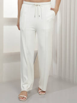 CRIMSOUNE CLUB - Off White Solid Polyester Blend Trouser
