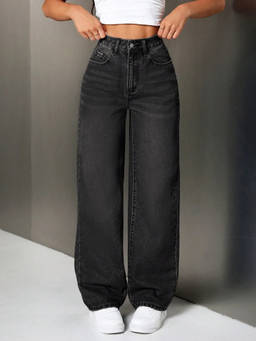 Off Duty India - Black Solid Cotton Straight Jeans